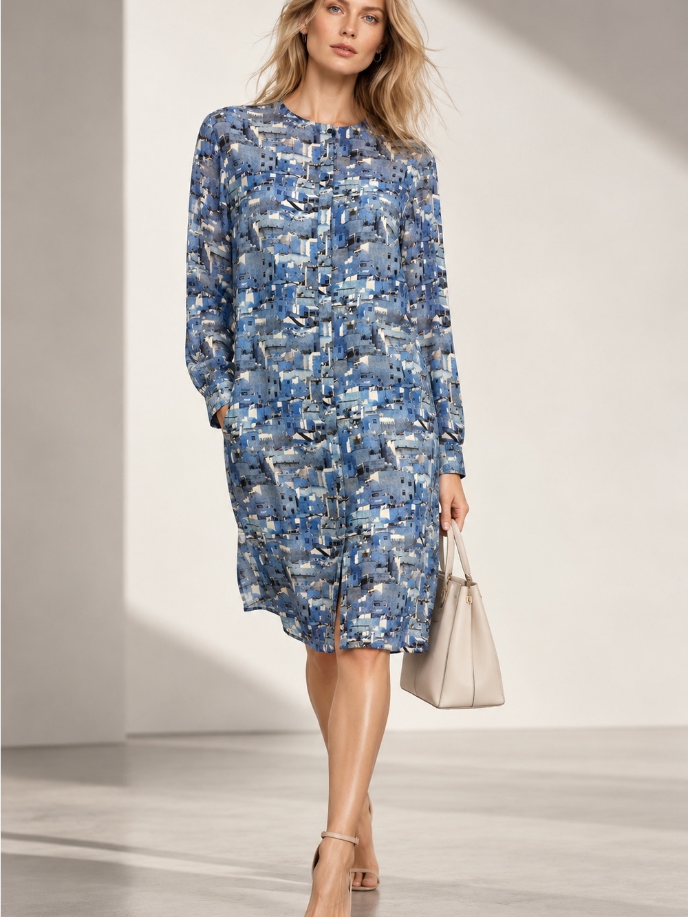 Akris Blue Abstract-Print Long-Sleeve Shift Dress